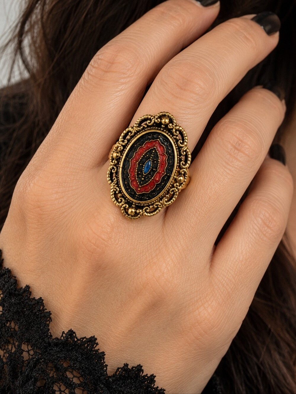 Vintage Sarah Coventry Adjustable Gold Tone Ornate Statement Ring Black Red Blue